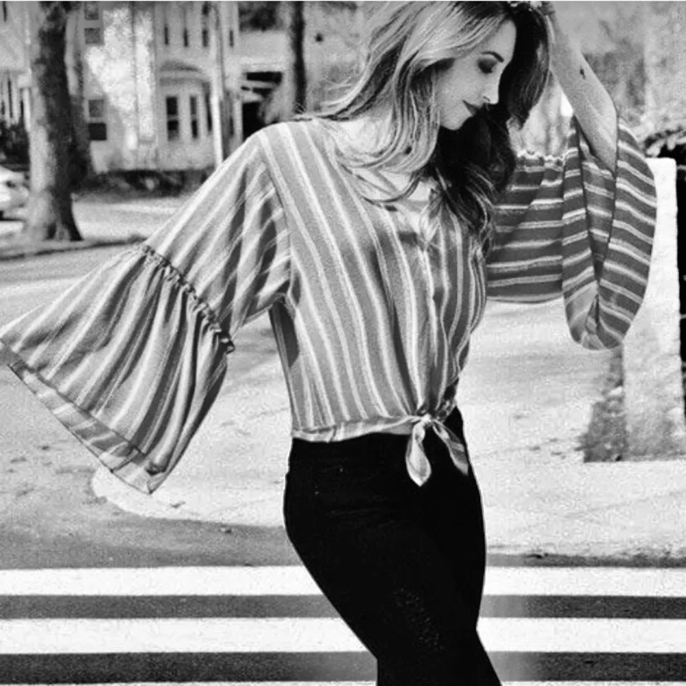 Anthropologie Lavender Field Striped Bell Sleeve Blouse With Front Tie Size L - Picture 2 of 9